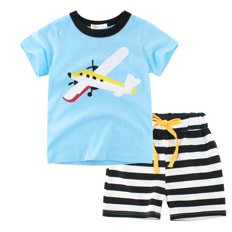 CM-Kid Toddler Boys Pajamas Kids Short Sleeve Pjs Sets for Boy Airplane Sleepwear 100% Cotton 2 Pieces Summer Clothes Set Jammies Shirt Size 3T - Image 1